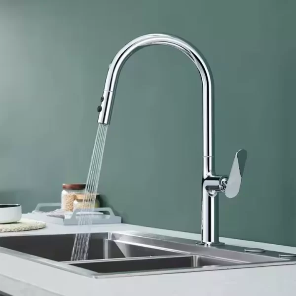 Mosiężna bateria kuchenna stojąca z wyciąganą wylewką dwa tryby wodospad i deszczownia jedna dziura KF10311