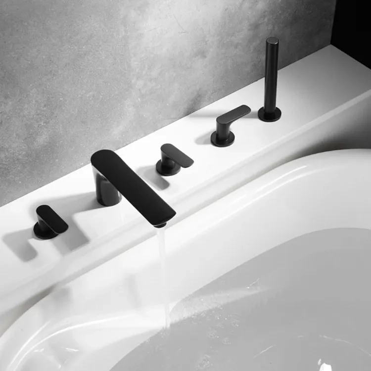 Bateria wannowa stojąca 5 otworowa czarna z 3 uchwytami i dwufunkcyjną prysznic ręczny nowoczesny design DTF08282 14