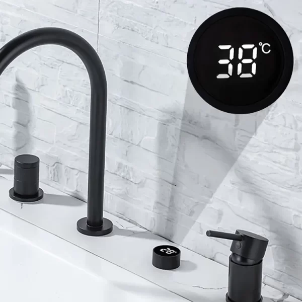 Bateria wannowa stojąca 5 otworowa z okrągłą wylewką i wyświetlaczem temperatury czarna mosiężna DTF05261 3