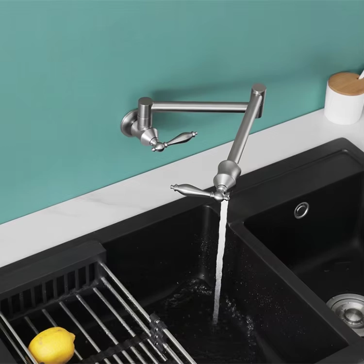 Mosiężna bateria kuchenna składana, ścienny kran kuchenny jeden otwór retro antyczny design styl vintage KF2412301