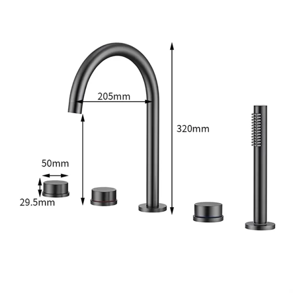 Szara bateria wannowa stojąca 5 otworowa z 3 pokrętłami okrągły zawór mosiężny materiał klasyczny nowoczesny design DTF2504121 12