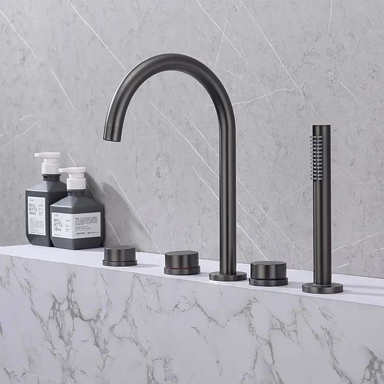 Szara bateria wannowa stojąca 5 otworowa z 3 pokrętłami okrągły zawór mosiężny materiał klasyczny nowoczesny design DTF2504121 4