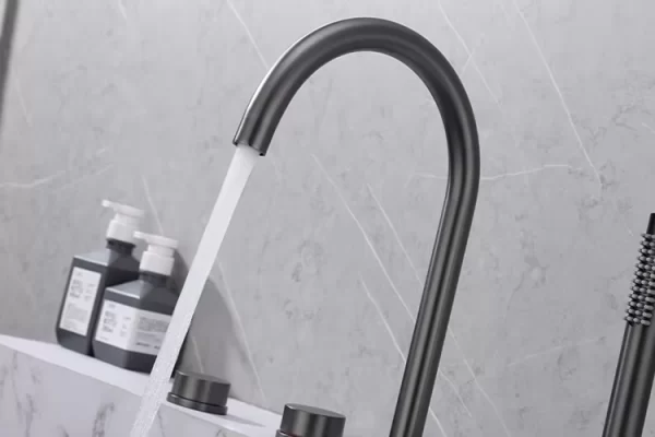 Szara bateria wannowa stojąca 5 otworowa z 3 pokrętłami okrągły zawór mosiężny materiał klasyczny nowoczesny design DTF2504121 6