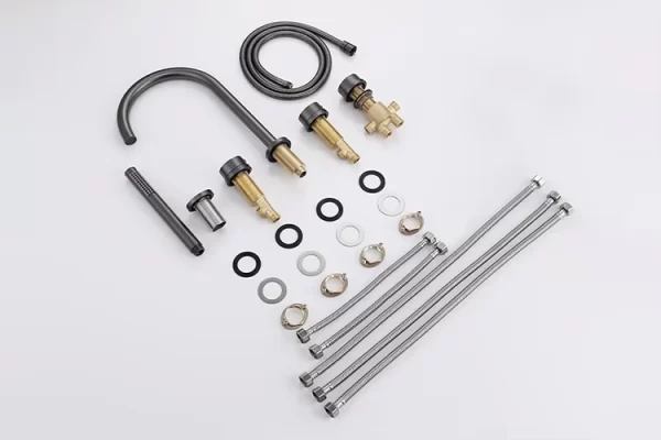 Szara bateria wannowa stojąca 5 otworowa z 3 pokrętłami okrągły zawór mosiężny materiał klasyczny nowoczesny design czarny DTF2504121